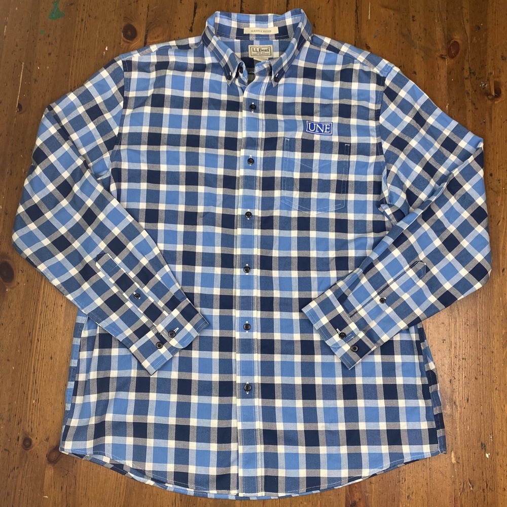 LL Bean University of New England UNE Plaid Slightly Fitted Flannel Shirt Mens L